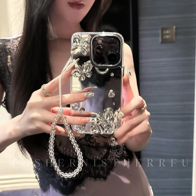 苹果手机壳15promax补妆镜iPhone14防摔16网红女奢华蝴蝶闪钻壳