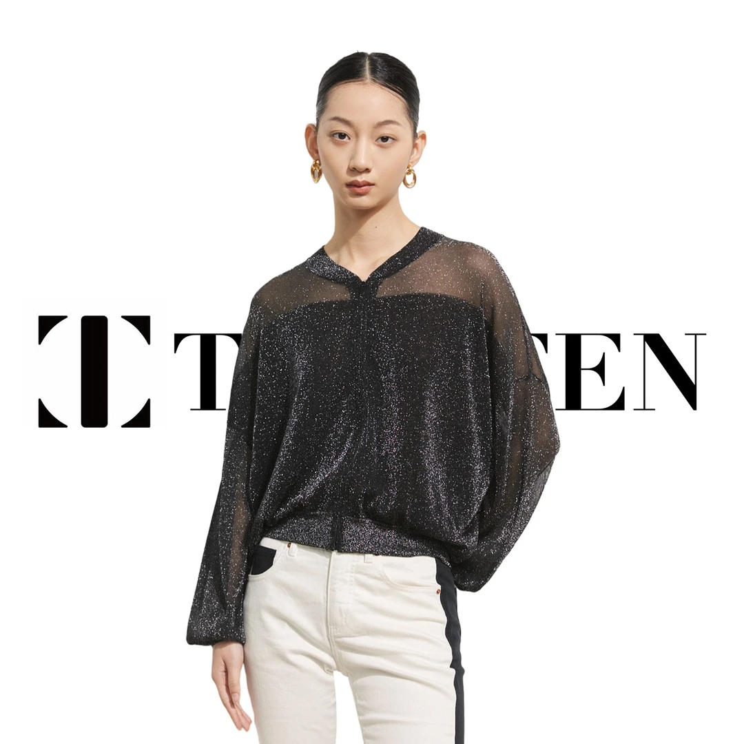 TINY·TEN初秋设计师高品显瘦高雅隐形金属丝半透明棒球拉链衫