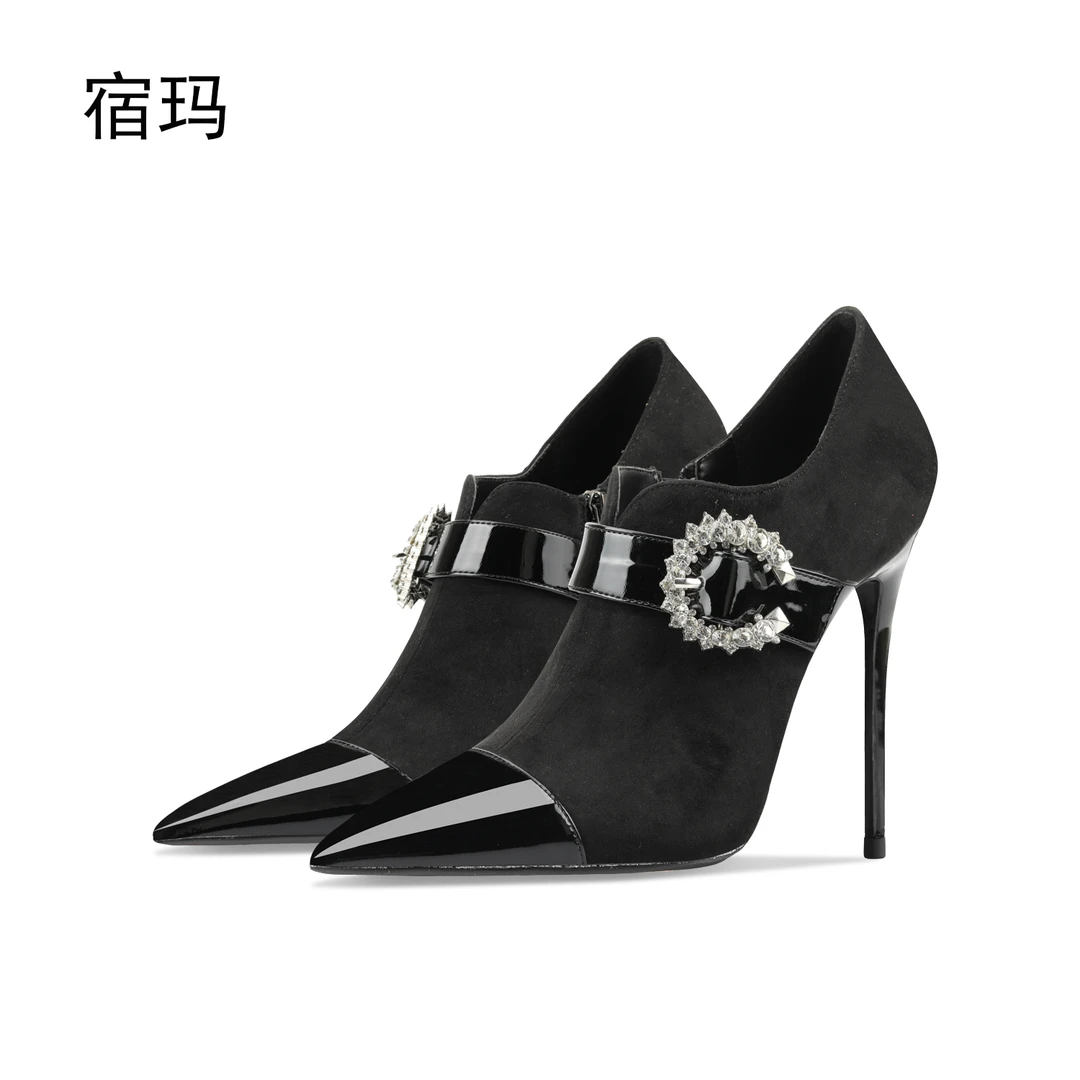 黑色绒面拼接水钻高跟鞋女2025年新款细跟尖头时尚百搭性感拉链靴
