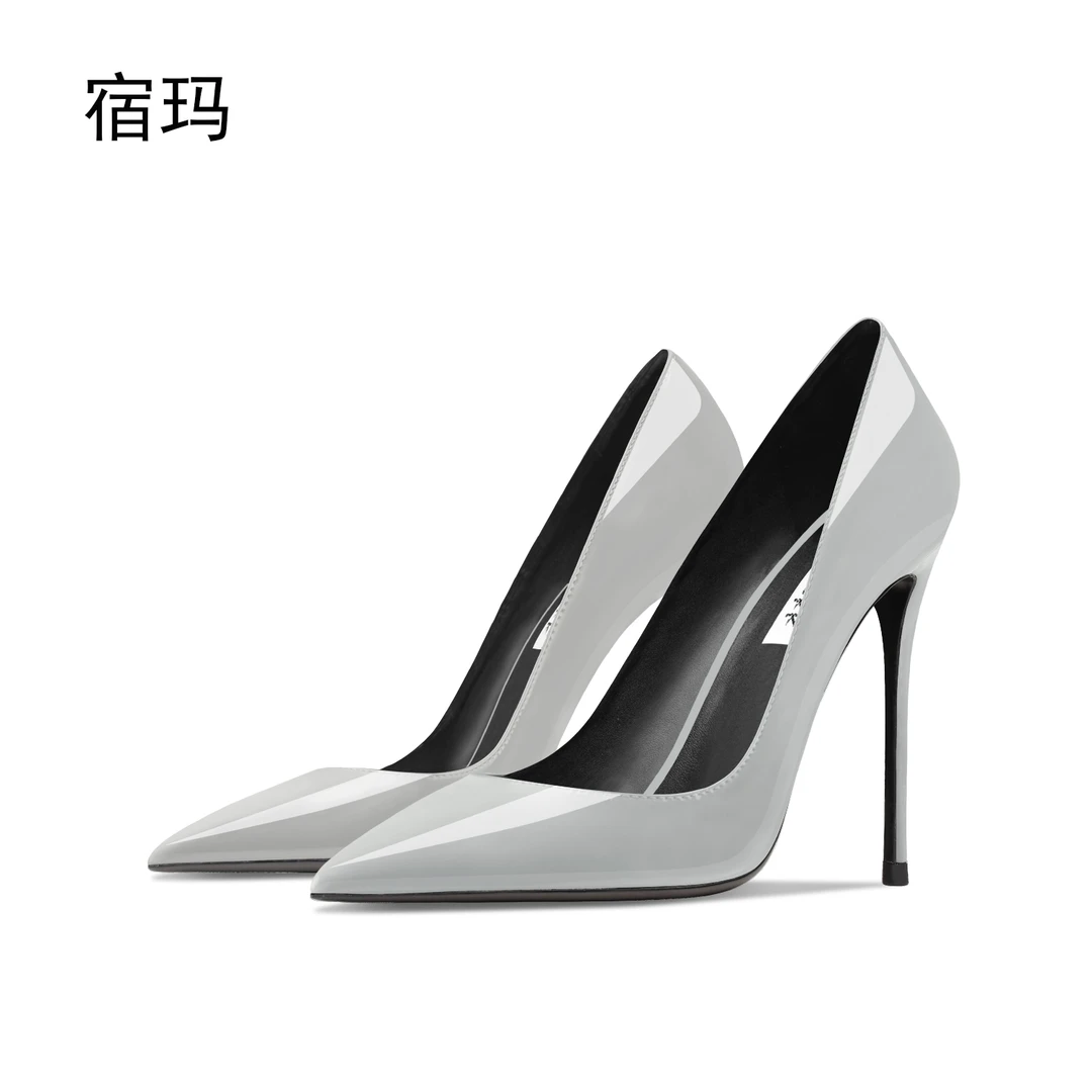 芥末蓝漆皮高跟鞋女2025年新款尖头浅口细跟通勤百搭气质时尚单鞋