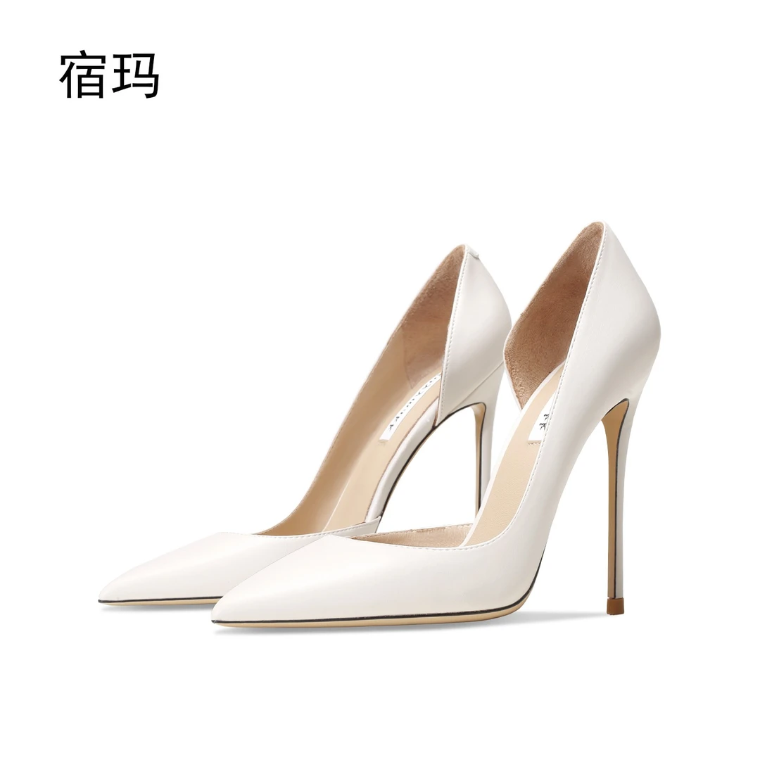 宿玛气质侧空白色高跟鞋女2025新款细跟浅口尖头百搭性感职业单鞋