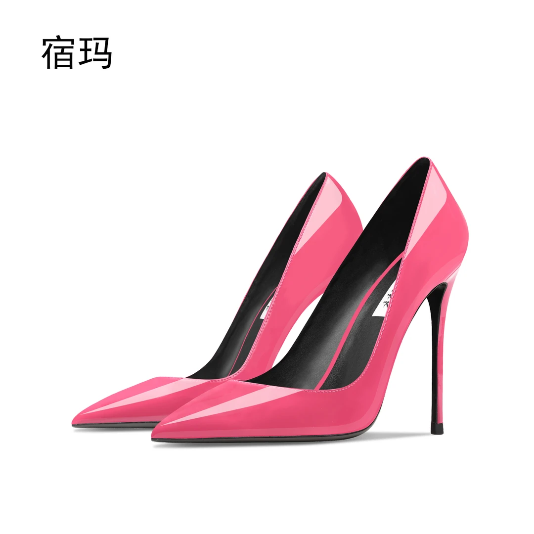 酒红色漆皮高跟鞋女2025年新款尖头细跟浅口欧美性感宴会气质单鞋