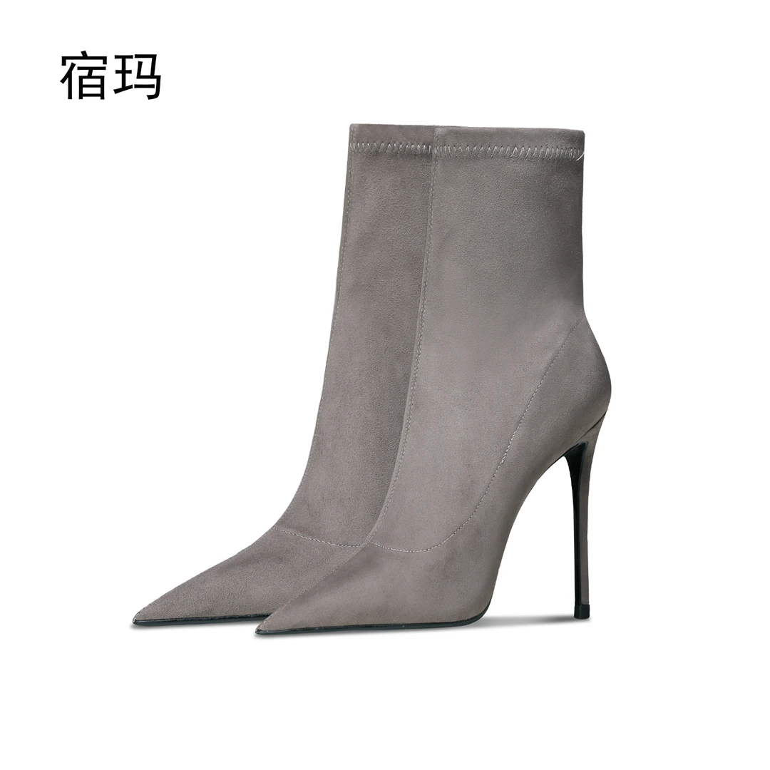 宿玛烟灰色绒面弹力女2025年新款秋冬尖头细跟瘦瘦靴气质百搭短靴