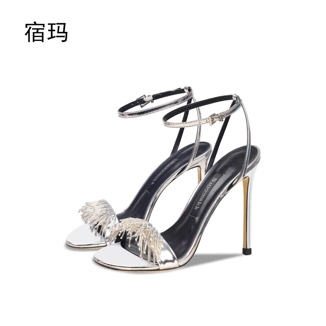 宿玛银色一字带凉鞋女2025年新款夏季法式细跟露趾漆皮高跟鞋轻奢