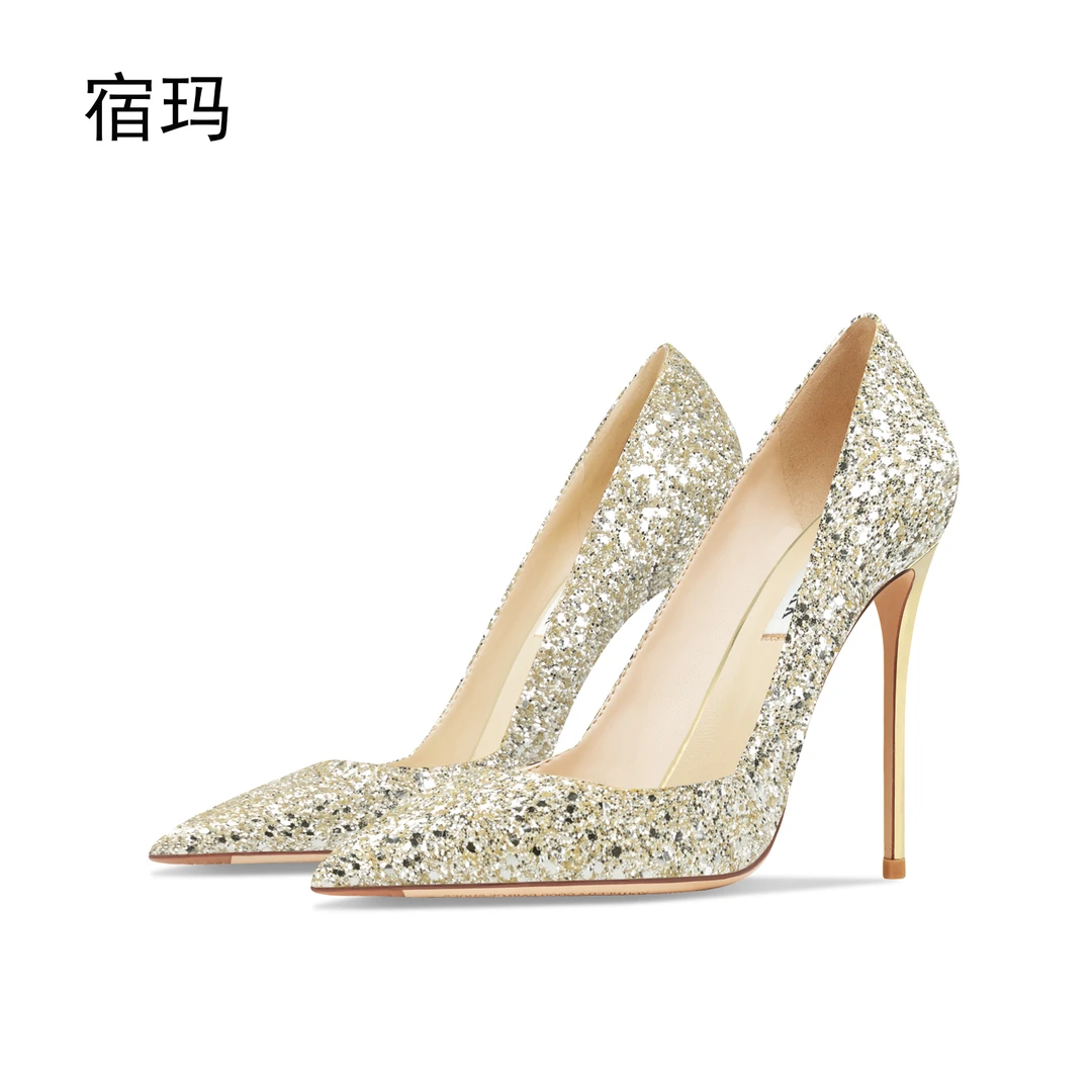 金色亮片高跟鞋女2025年新款细跟尖头时尚性工作鞋感气质高跟鞋