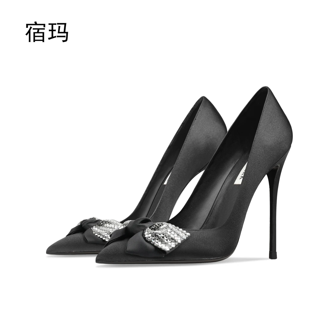 黑色绸缎大蝴蝶结水钻高跟鞋女2024年新款细跟尖头浅口百搭单跟鞋