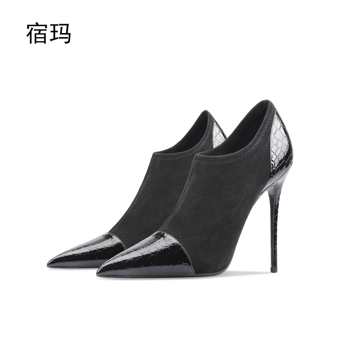 黑色绒面拼接深口及踝靴2025年新款秋冬新款细跟尖头个性时尚单靴