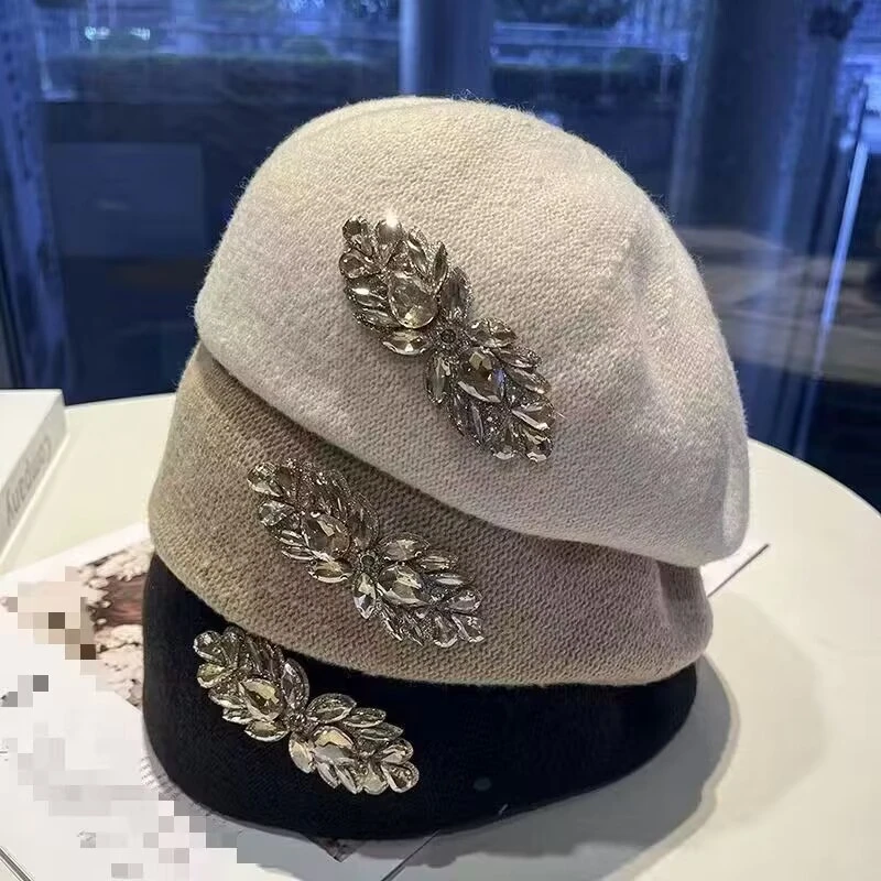 重工水钻鸭舌帽子女冬季保暖针织毛呢贝雷帽显脸小洋气百搭前进帽