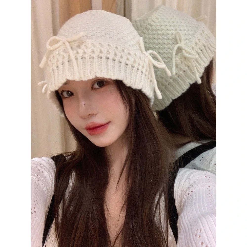 · ins风可爱蝴蝶结渔夫帽女百搭甜美针织帽毛线帽韩国秋冬新款帽