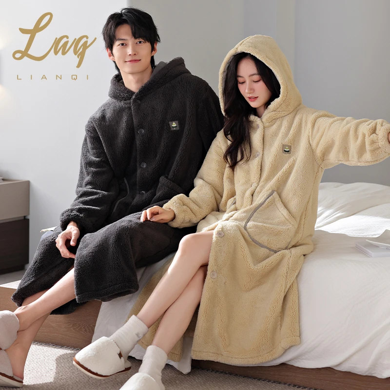 法兰绒情侣连帽睡袍女士冬季加绒加厚开衫睡衣男士保暖浴袍家居服