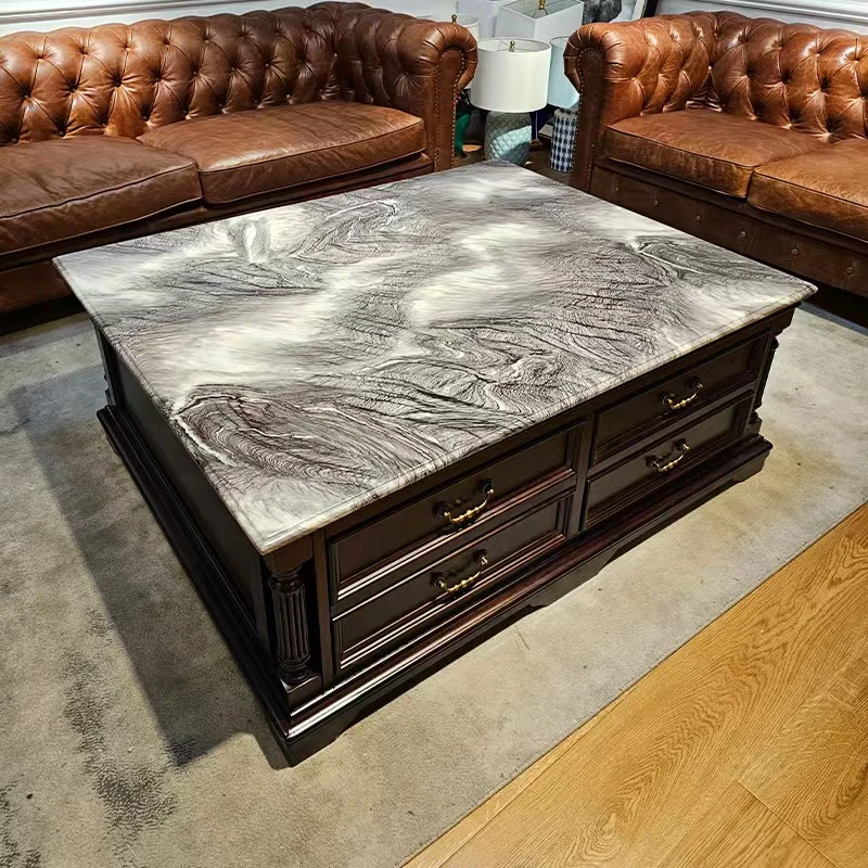BESTFURN 高端品质金丝黄檀木美式复古实木客厅大理石长方形茶几