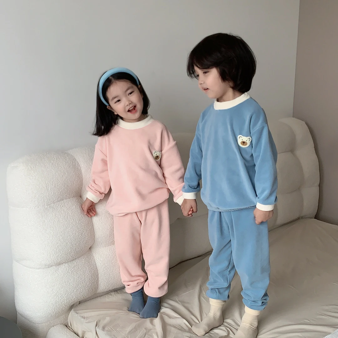 宝宝冬睡衣男童女童家居服长袖洋气加绒保暖秋冬套装双面绒D-4