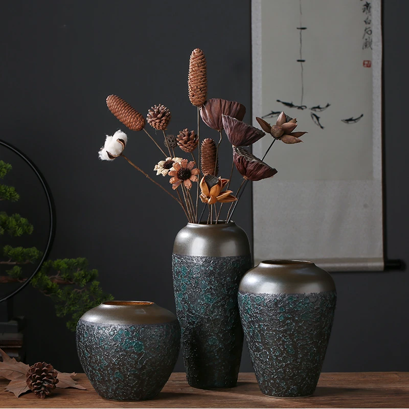 古铜绿景德镇复古粗陶瓷花瓶泡泡釉工艺餐桌客厅水培花器中式摆件