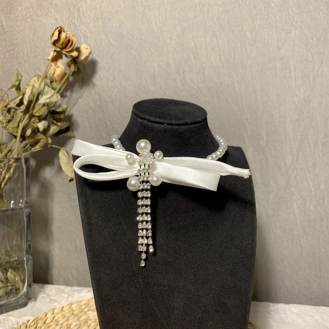 非金属项链 沁心新款缎面蝴蝶结珠珠新娘流苏颈链颈花