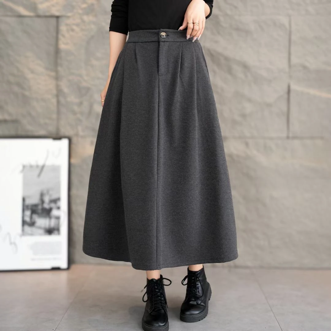 2024秋冬季保暖百搭时尚松紧腰复古气质纯色加厚磨毛毛呢A字裙子