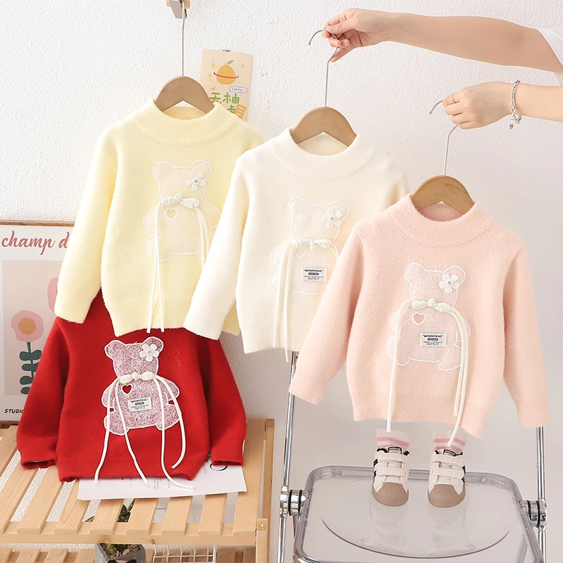 2024女童针织水貂绒秋冬加厚款洋气毛衣儿童女宝宝毛线卡通打底衫