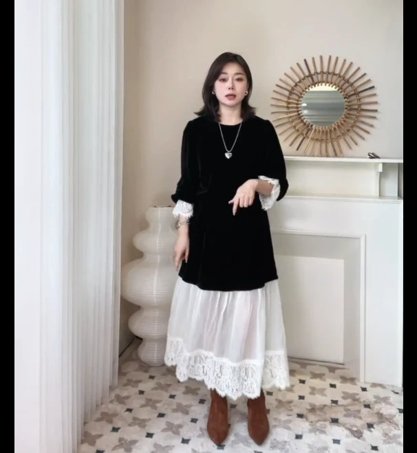 65《一云服饰》24秋季新款法式黑色丝绒蕾丝裙摆长裙优雅小众时尚