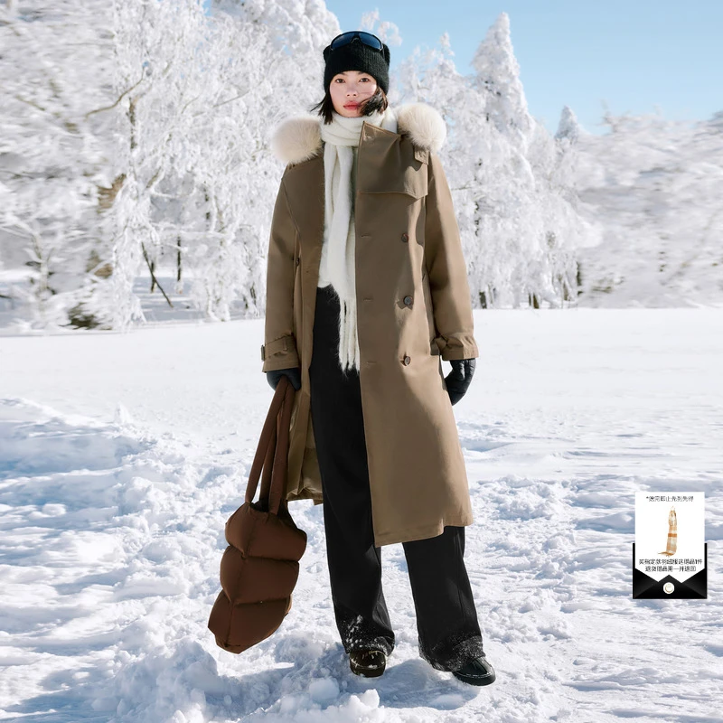 伊芙丽轻奢质感可脱卸毛领风衣式长款鸭绒羽绒服外套