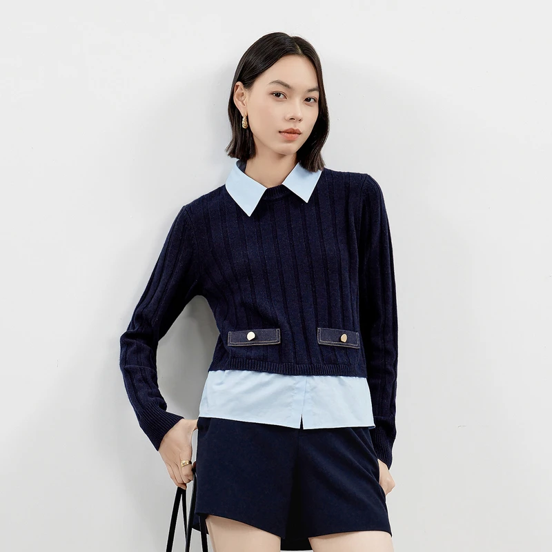 伊芙丽假领针梭拼毛衣2024秋季新款时尚女通勤上衣