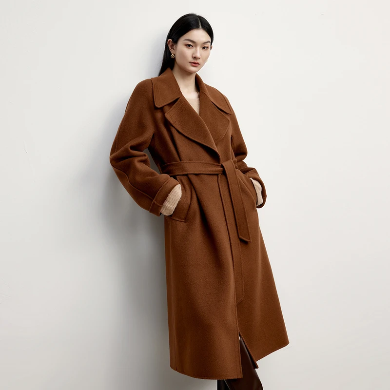 伊芙丽驼绒大翻领长款双面羊绒大衣2024冬季新款女外套高级感