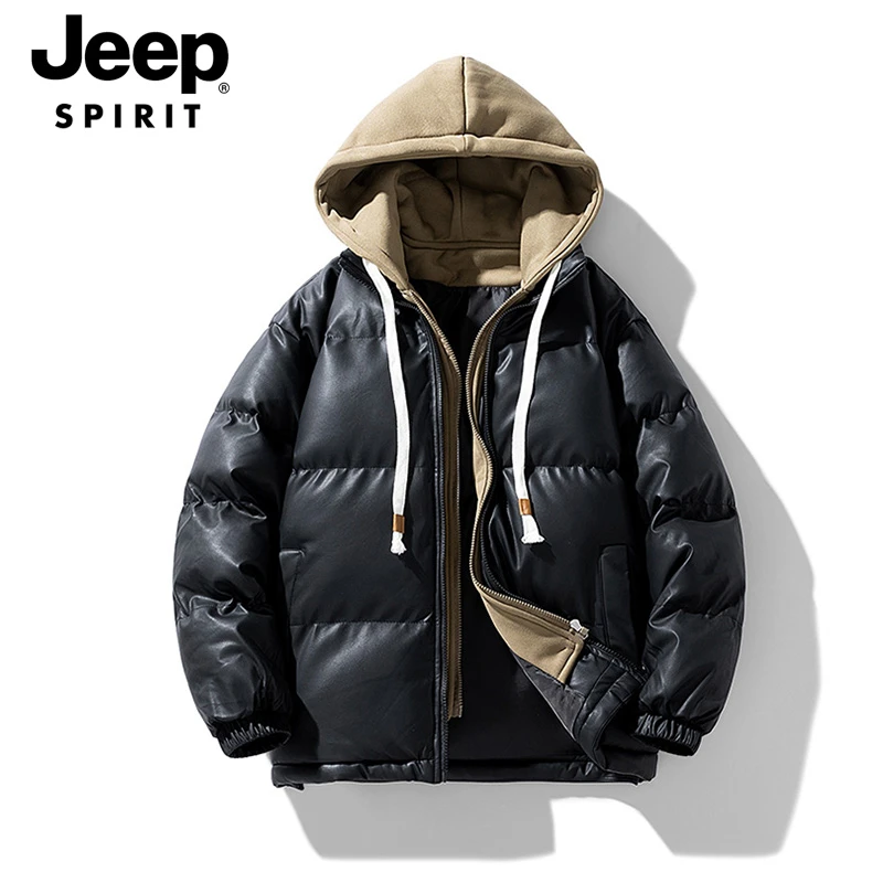 JEEPSPIRIT吉普皮面棉衣男秋冬新款加厚保暖假两件连帽棉服外套男