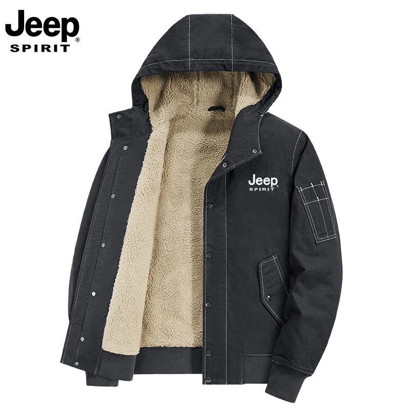 JEEPSPIRIT吉普夹克男秋冬新款加绒保暖连帽棉衣外套宽松大码夹克