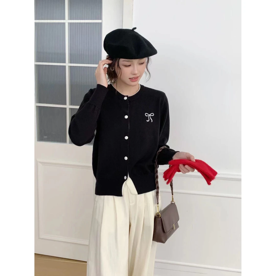 蝴蝶结针织开衫2024秋冬季撞色刺绣亲肤柔软上衣针织外套韩系简约