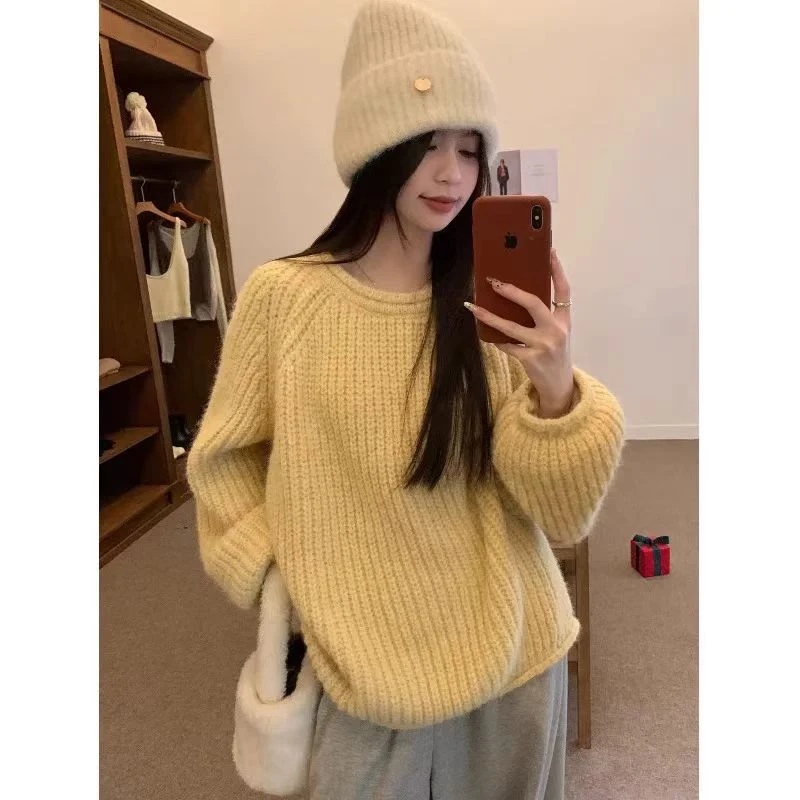 温柔风软糯套头圆领灯笼袖毛衣女秋冬慵懒高级感宽松粗毛线针织衫