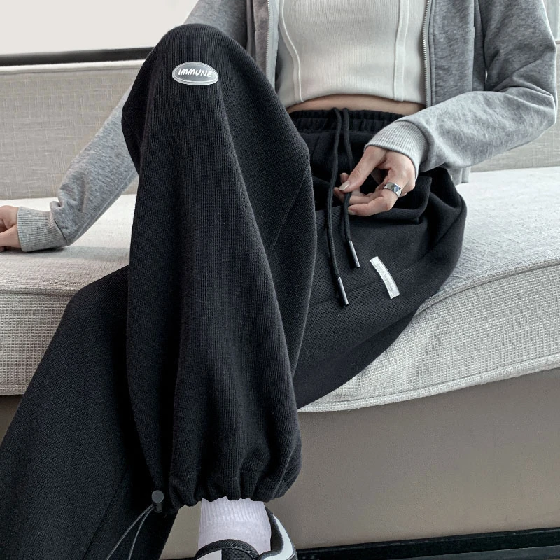 以顿抽绳运动裤女春秋季阔腿卫裤直筒高腰阔腿高弹显瘦百搭束脚裤