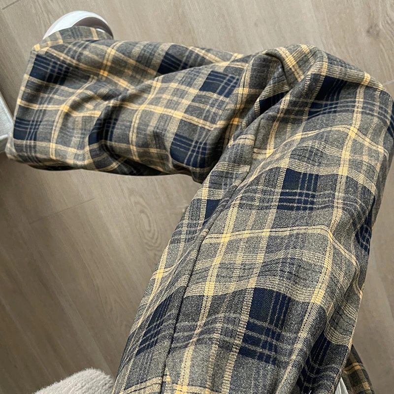 以顿格子裤女裤春秋2024新款高腰垂感休闲裤显瘦小个子直筒阔腿裤