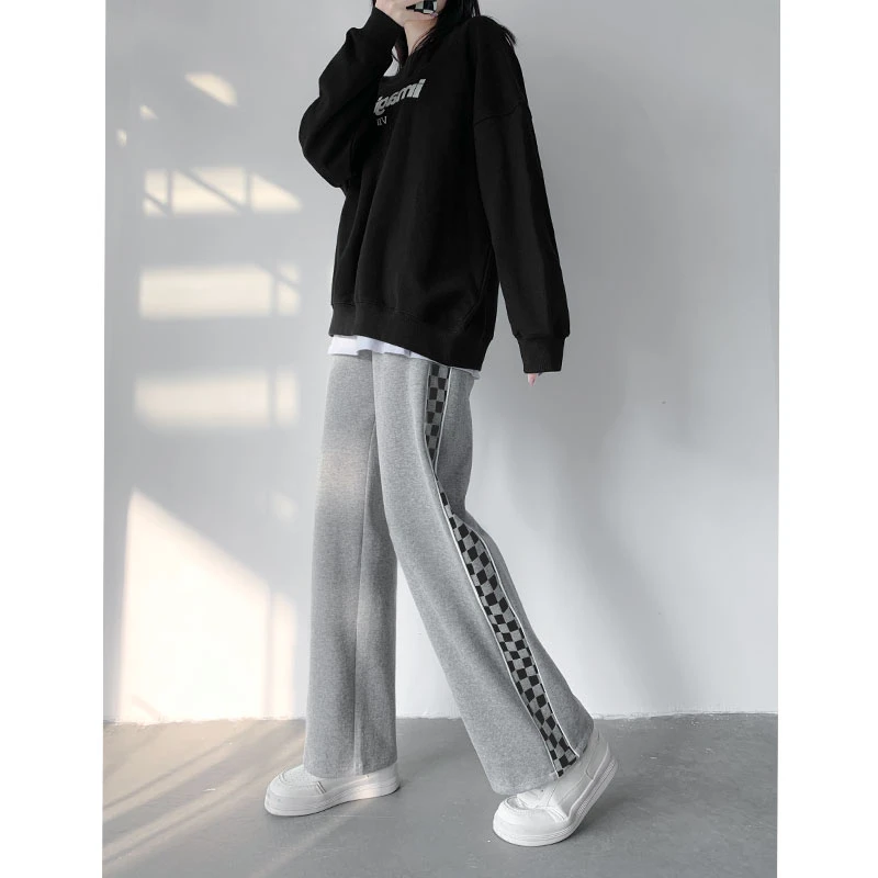 棋盘格阔腿裤女裤子春秋季2024新款高腰垂感高弹直筒休闲运动卫裤