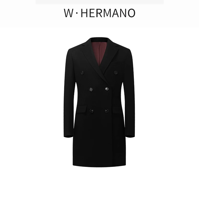 W·HERMANO男士羊毛山羊绒大衣BWW00007双排扣百搭羊毛中长款大衣