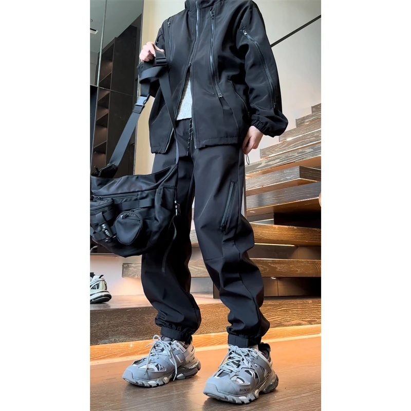 拉链拼接机能风冲锋裤男冬季加绒加厚防水直筒裤高级感痞帅休闲裤