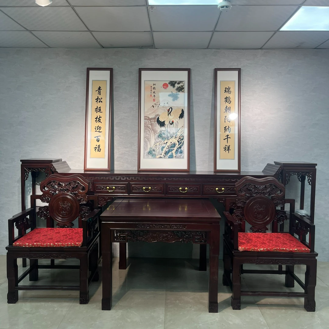 红酸枝色麒麟中堂六件套古典全实木条案供桌椅子花架客厅雕花家具