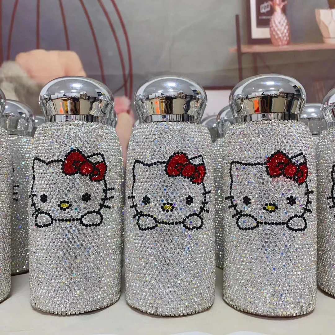 网红可爱迷你卡通猫镶钻保温水杯304不锈钢礼品杯便携车载镶钻杯