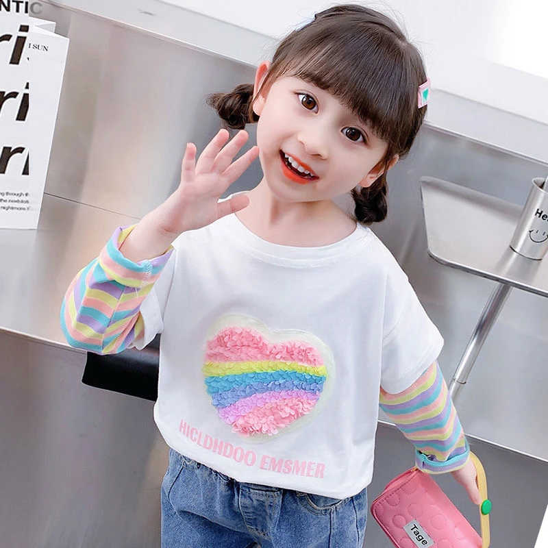 女童长袖T恤打底衫2025春装新款小女孩假两件宝宝春秋款洋气上衣t