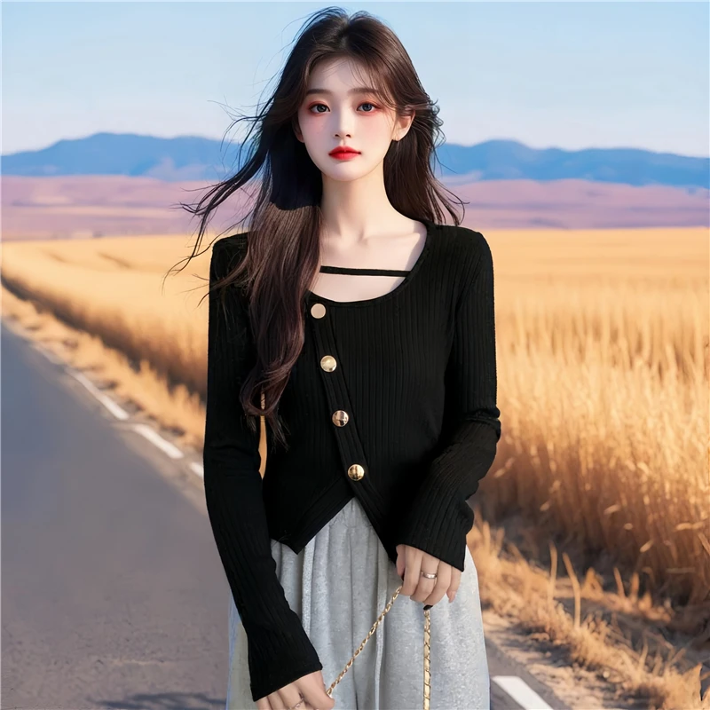 不规则长袖针织打底衫女秋季内搭毛衣2024年新款修身显瘦短款上衣