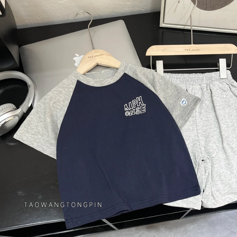 【淘旺童原创】2024夏季新款男女童亲子款灰袖插肩袖立体刺绣T恤