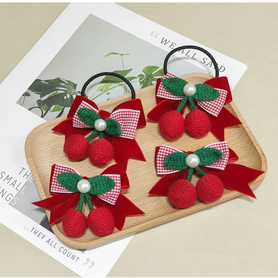 义佰满分2件甜美可爱蝴蝶结樱桃发夹发绳女童手工编织头饰发饰