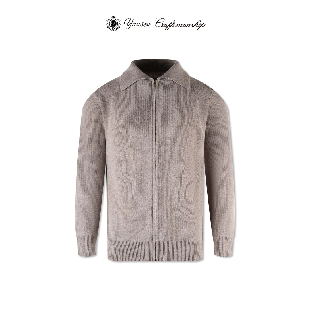 24FW 黑标奢级 100%精纺羊毛极简重工纹理拼接拉链针织开衫外套