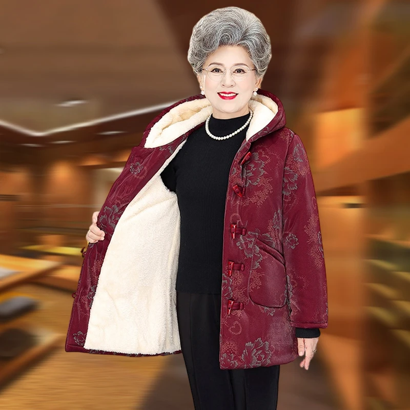奶奶冬装棉衣外套妈妈装中老年中长款加绒加厚棉服老年人保暖冬季