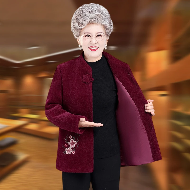 中老年人冬装外套女奶奶唐装盘扣加绒上衣老人加厚水貂绒妈妈太太