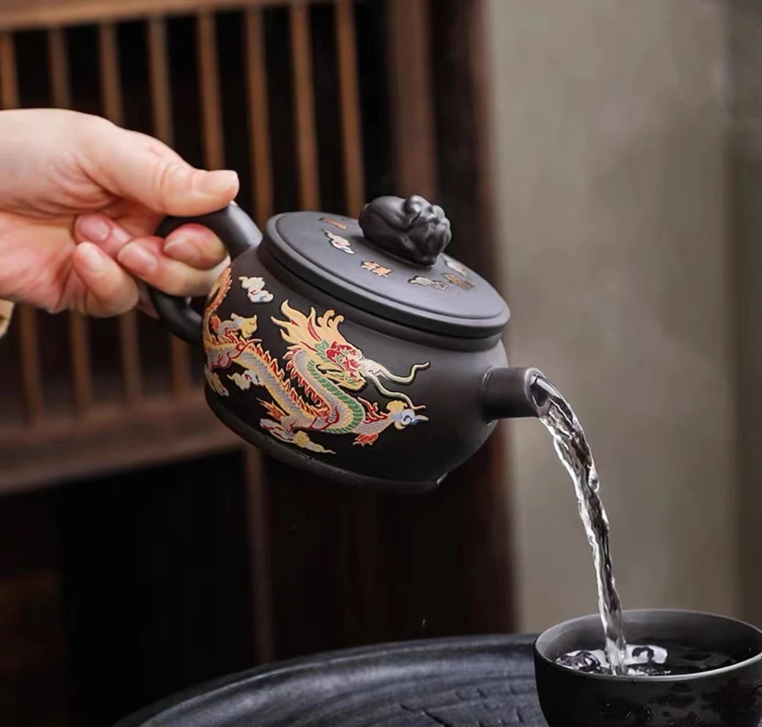 原矿紫砂黑泥汉瓦壶 百财龙凤 茶具茶器B