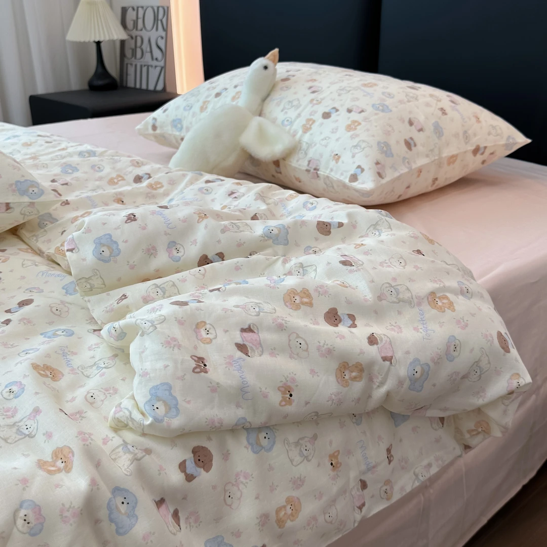 新款卡通奶芙小狗狗A类全棉有氧双层纱纯棉可爱三件套四件套床品