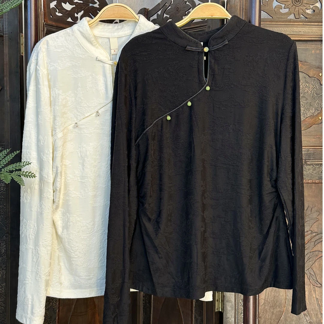 1276新中式立领斜襟织花盘扣弹力打底衫女长袖T恤