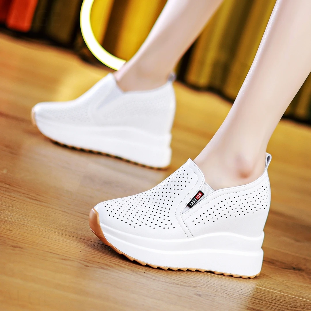 增高10CM一脚蹬女鞋真皮小白鞋女款夏季镂空透气休闲鞋内增高鞋子