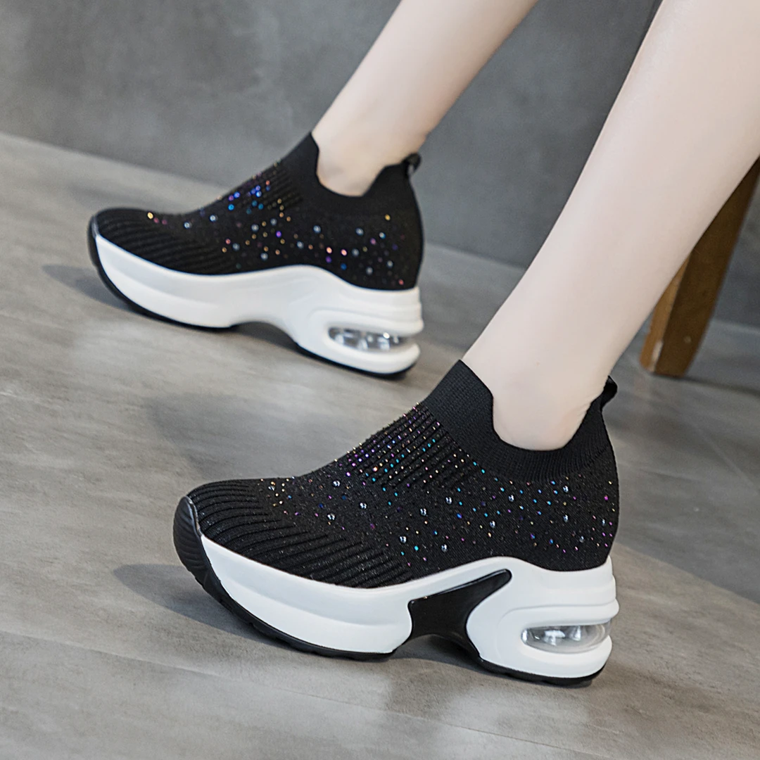 增高8cm软底气垫飞织鞋一脚蹬女鞋夏季新款网面透气休闲鞋懒人鞋