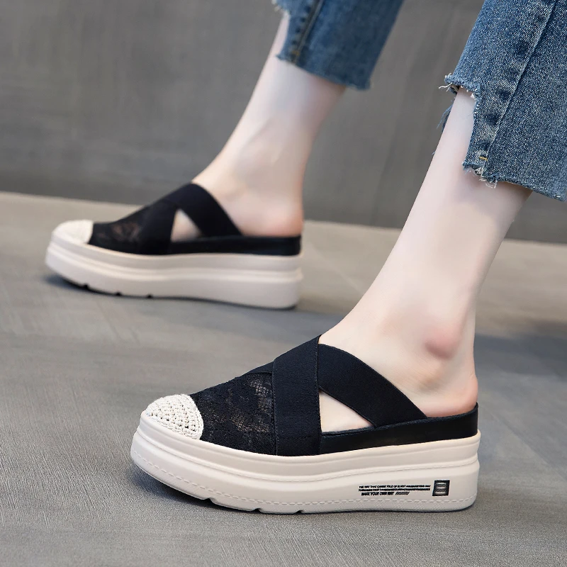 小个子内增高7cm夏季新款渔夫鞋透气蕾丝外穿百搭舒适半托凉鞋女