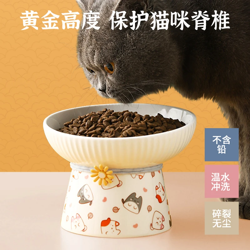 高脚猫碗陶瓷大口径猫食盆斜口碗防打翻护颈小型吃饭狗碗喝水猫咪