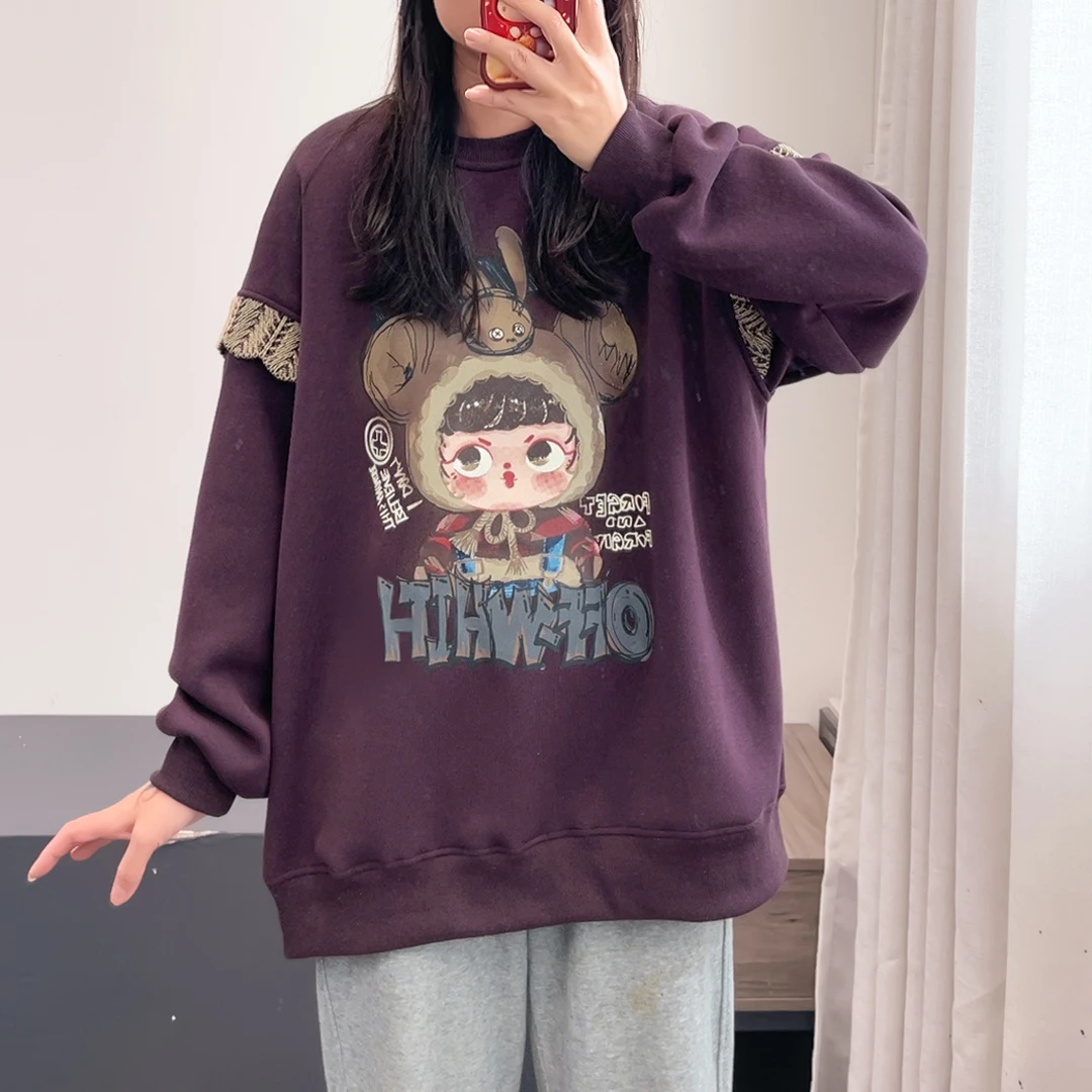 【丽可儿】加绒韩版休闲宽松大图案卡通印花圆领卫衣女秋冬 DY3216
